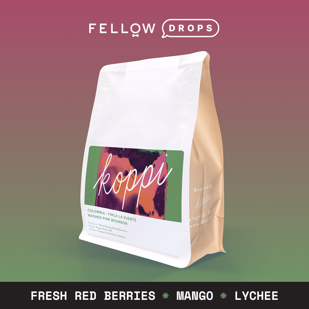 A bag of Fellow Colombia La Fuente coffee on a colorful gradient, with flavor notes below.