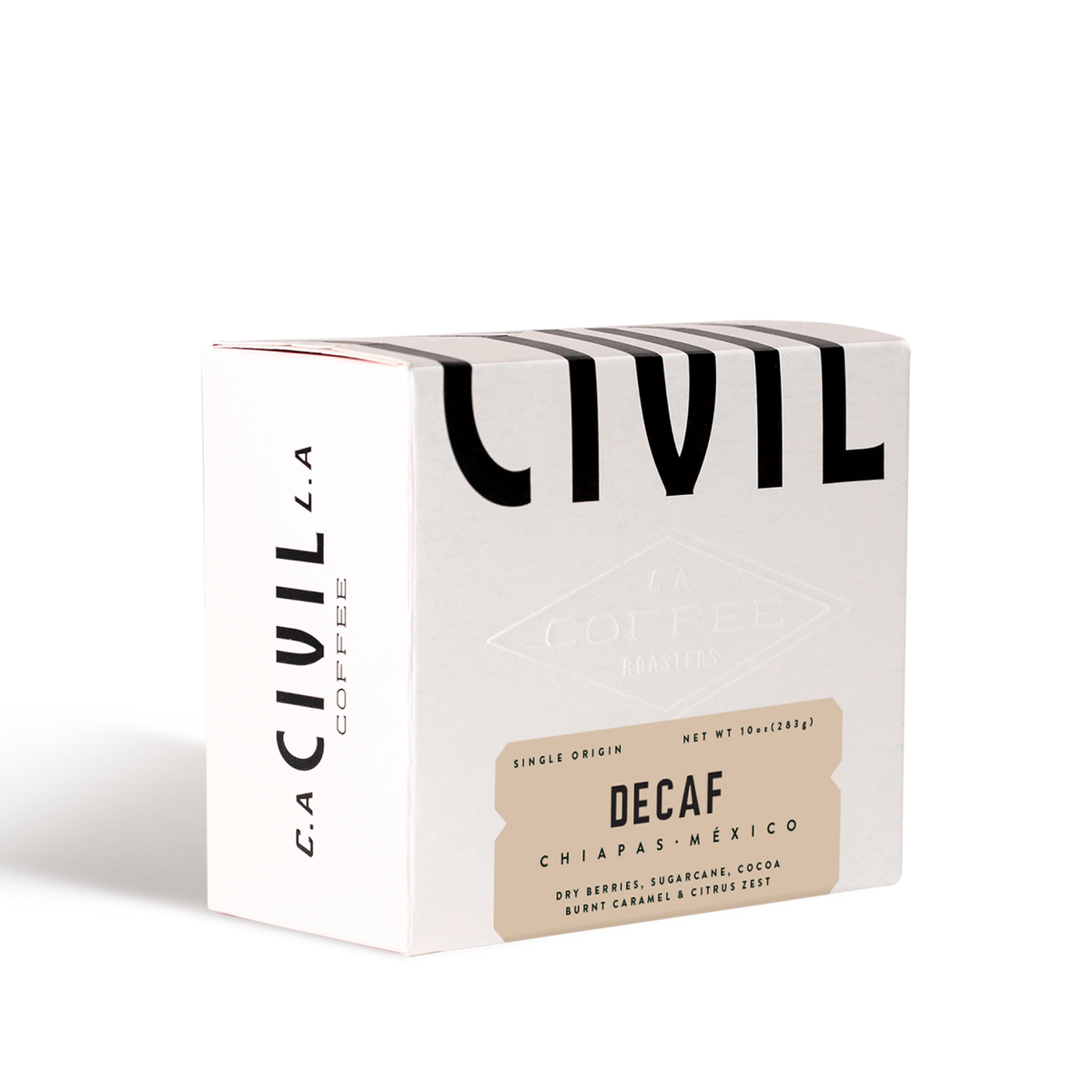 A box of Civil Coffee Store La Angostura Decaf coffee from Chiapas, México.