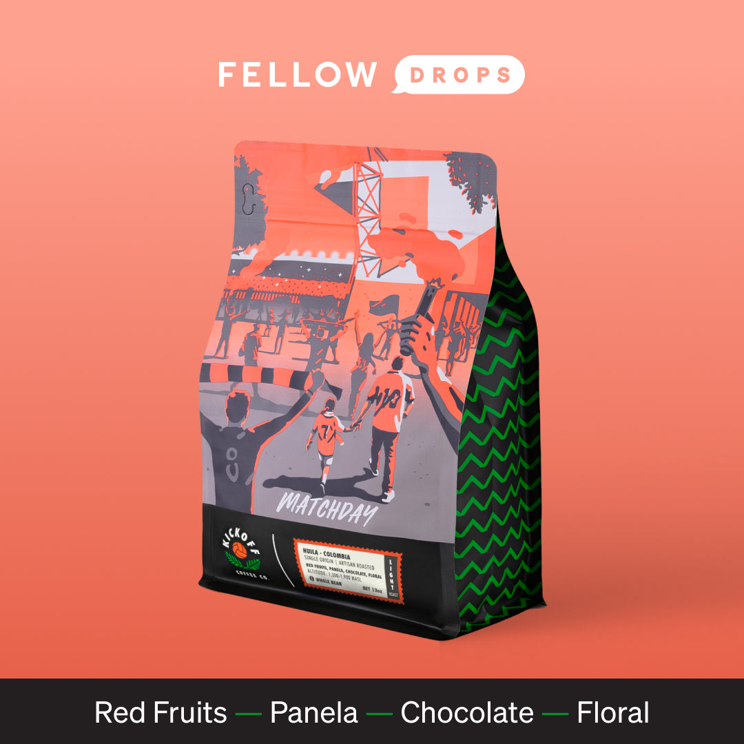 A colorful Matchday bag by Kickoff Coffee Co. with notes of red fruits, panela, chocolate, floral.