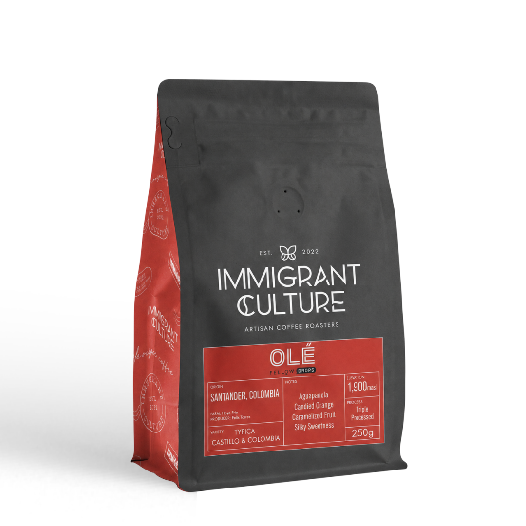 Black and red 250g Olé coffee bag by Immigrant Culture, medium roast, Colombian origin.
