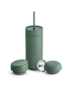 Fellow Carter 3-in-1 Lid System: matte green coffee mug with straw and two matching lids.