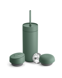 Fellow Carter 3-in-1 Lid System: matte green coffee mug with straw and two matching lids.