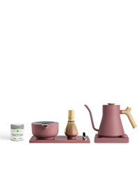 Fellow The Kettle + Matcha Kit: pink bowl, whisk, spoon, matcha tin, tray & electric kettle.