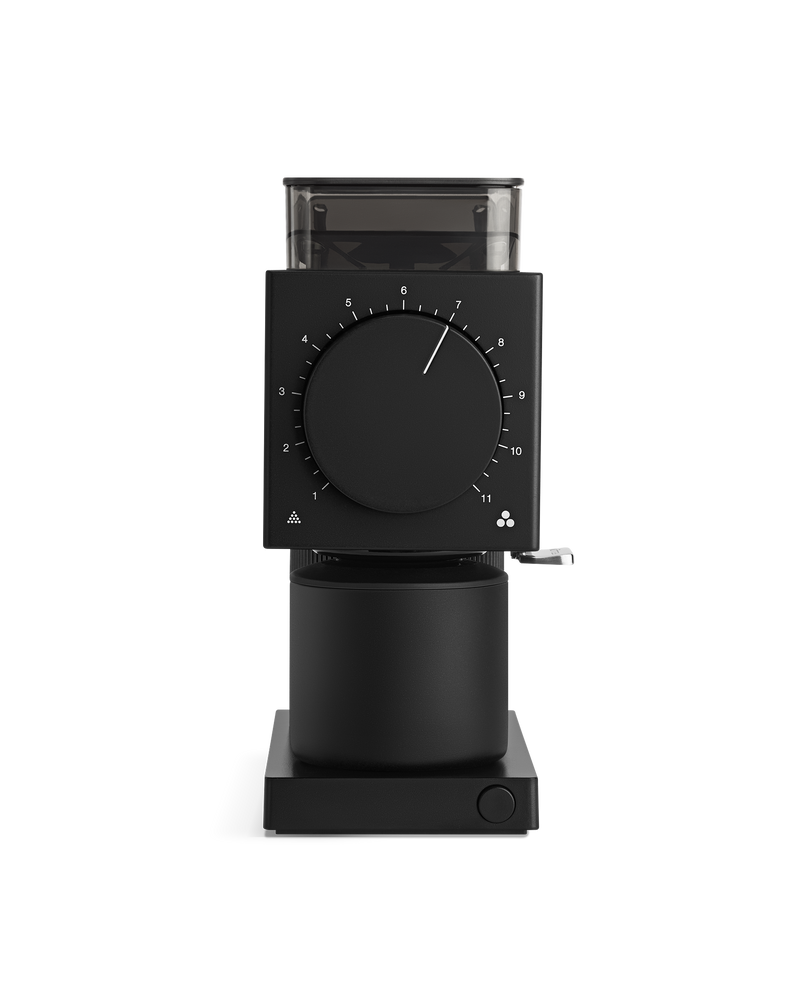 Fellow Ode Brew Grinder Gen 2 in black with large front dial and transparent bean hopper.