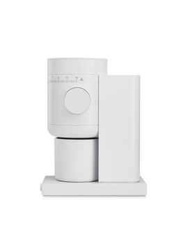 Fellow Opus 2 Conical Burr Grinder in matte white with a modern, minimalist design.