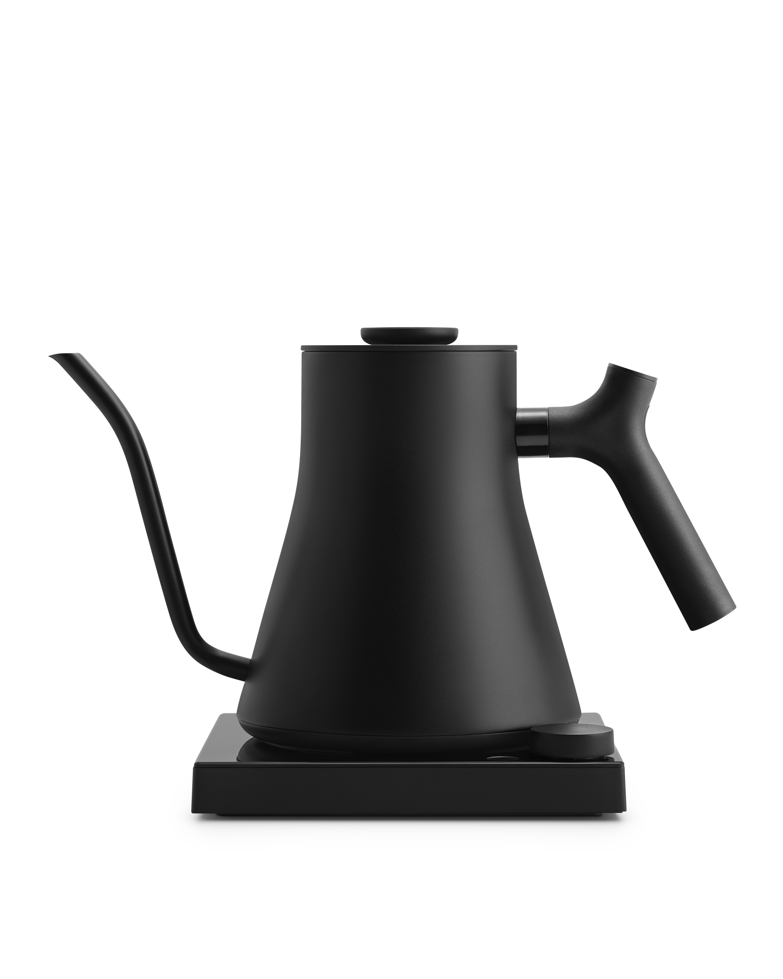 Fellow Stagg EKG electric kettle, matte black with variable temp control, on square base.