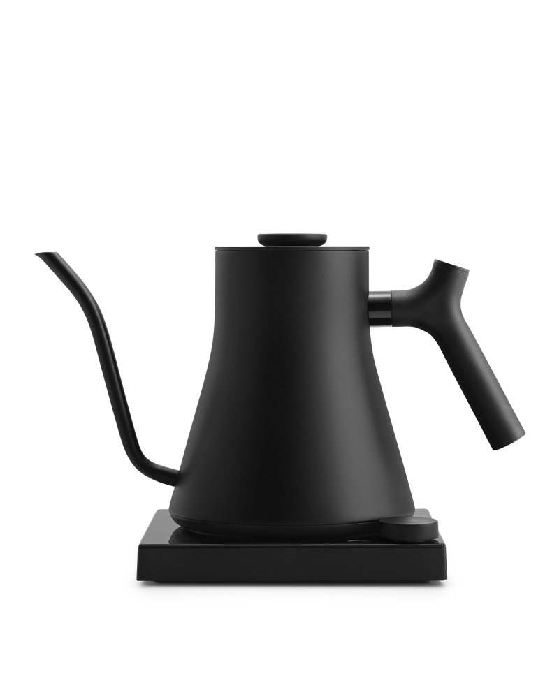 Fellow Stagg EKG electric kettle, matte black with variable temp control, on square base.