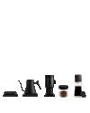 Five sleek Fellow brew bar tools and jars for perfect coffee, arranged in a row.