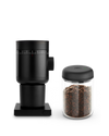 Fellow Grind It Kit: black coffee grinder & airtight bean jar on a white background.