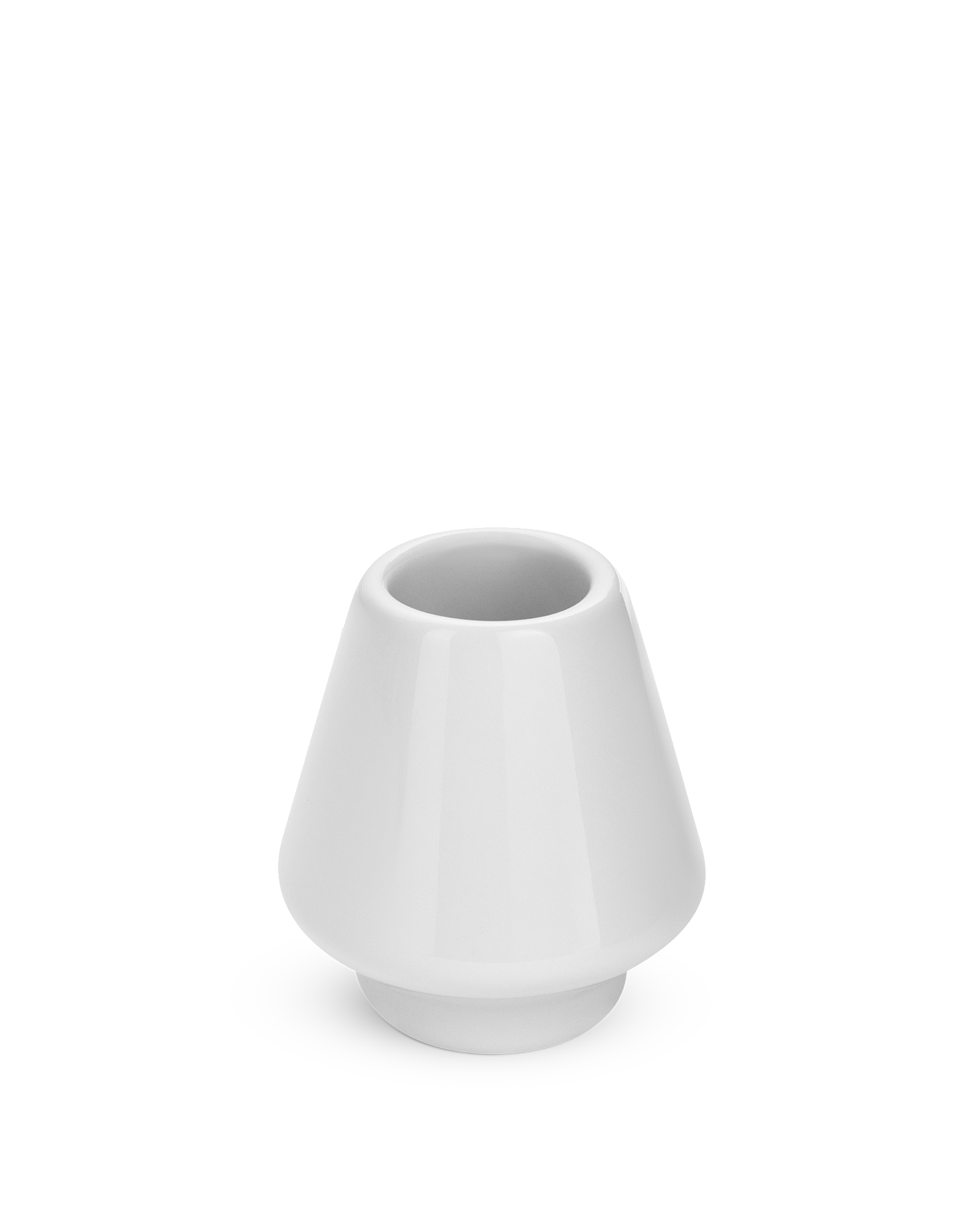 A small, matte white Fellow Matcha Set Whisk Holder with a wide base and narrow opening.