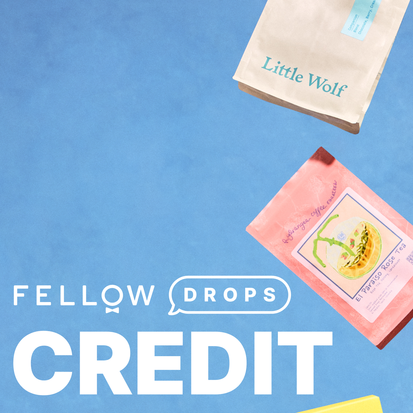 Fellow Drops Credit by Fellow, shown with two coffee bags on a blue background.
