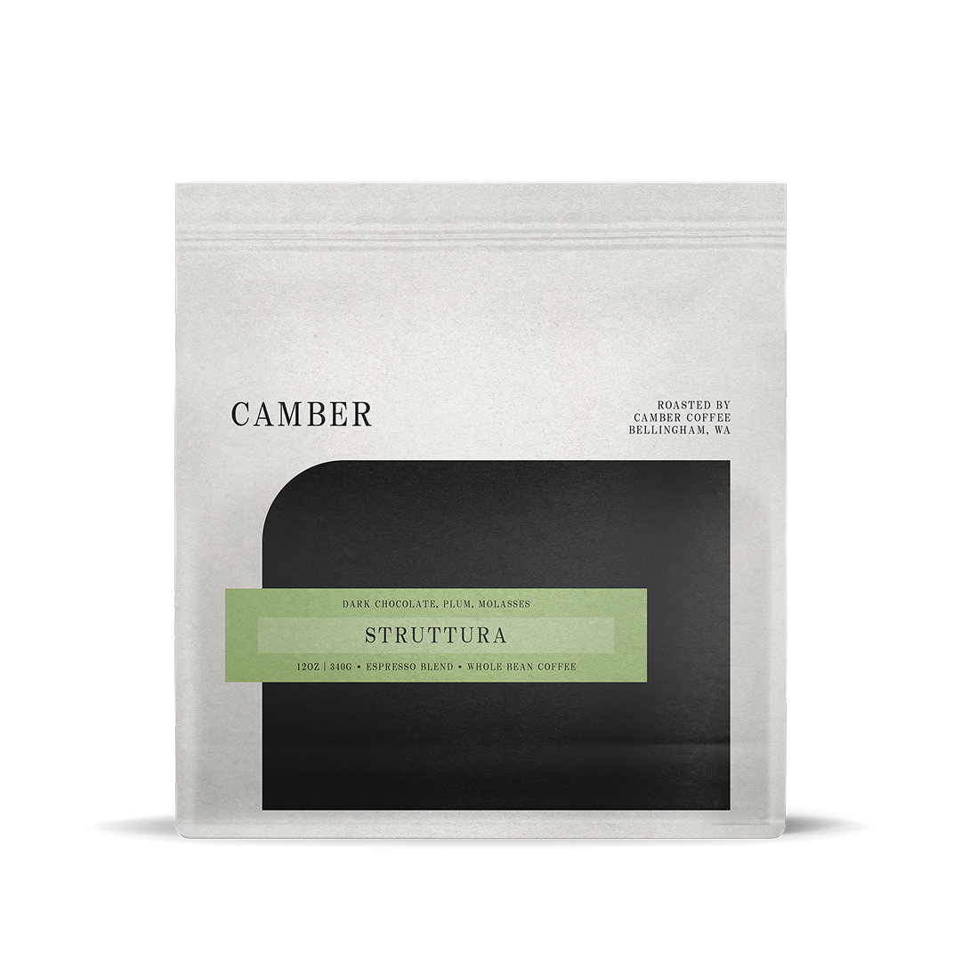CC Struttura espresso blend, dark chocolate notes, black & green minimalist label.