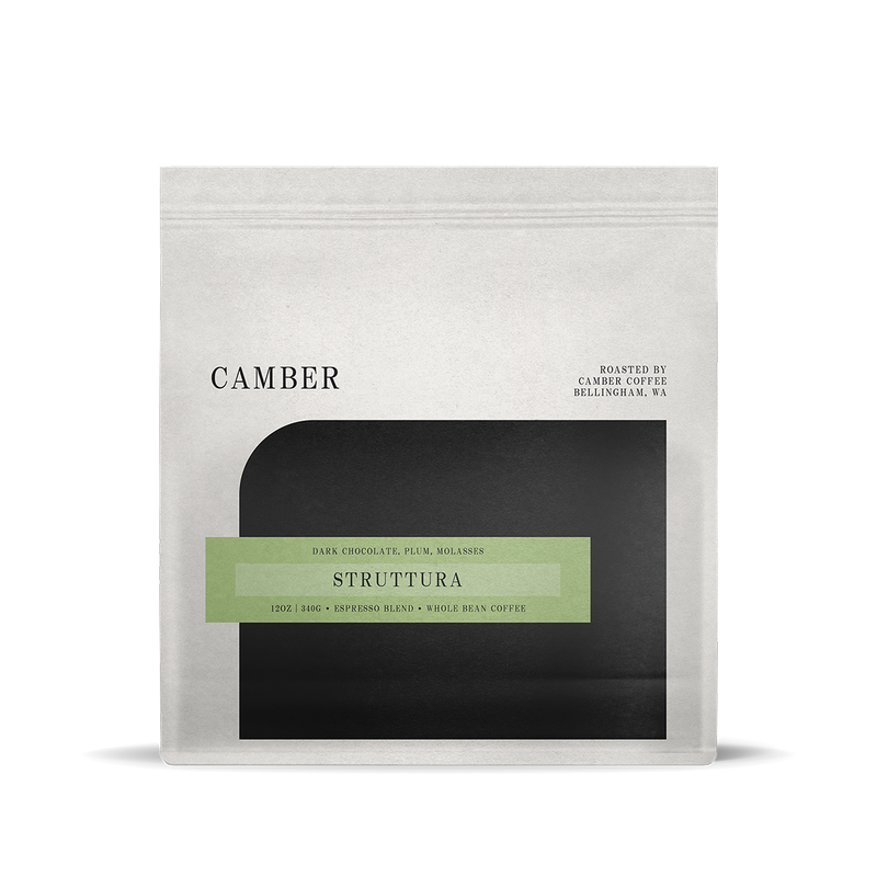 CC Struttura espresso blend, dark chocolate notes, black & green minimalist label.
