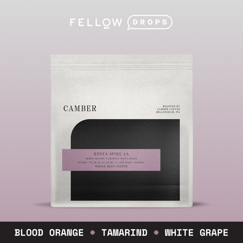A CC Kenya Spike AA coffee bag with notes of blood orange, tamarind, and white grape.