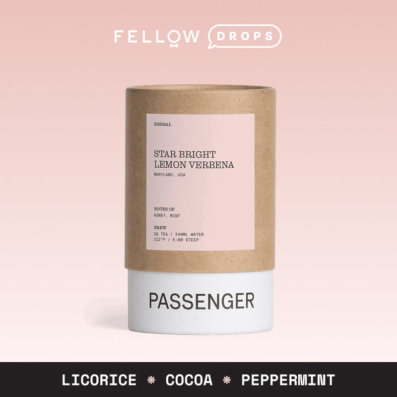 A tea canister labeled Star Bright Lemon Verbena by Passenger / Necessary.