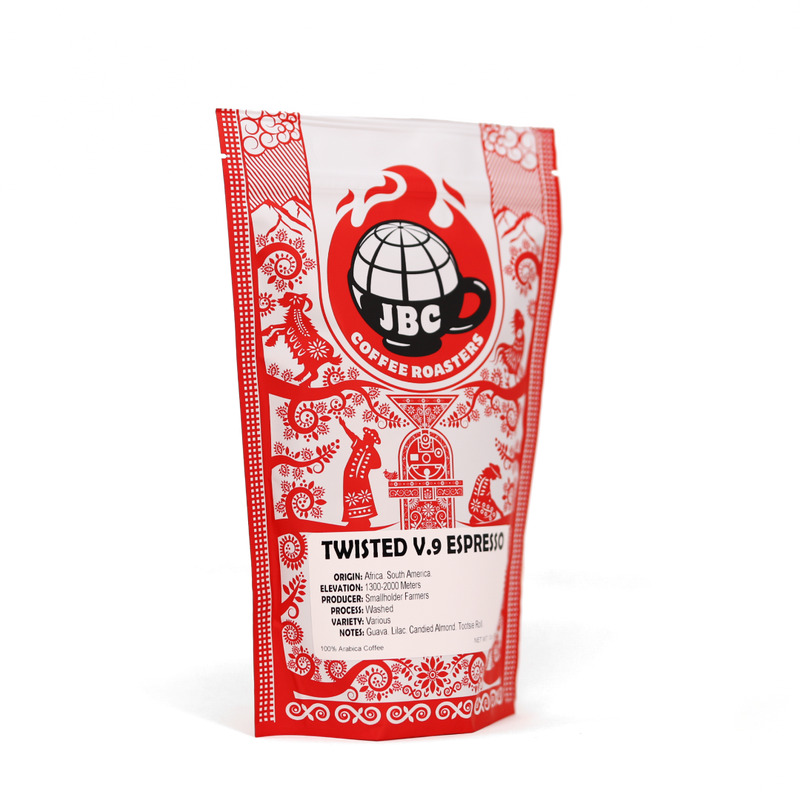 Red and white JBC Coffee Connect Twisted V.9 Espresso with chocolate and caramel notes.