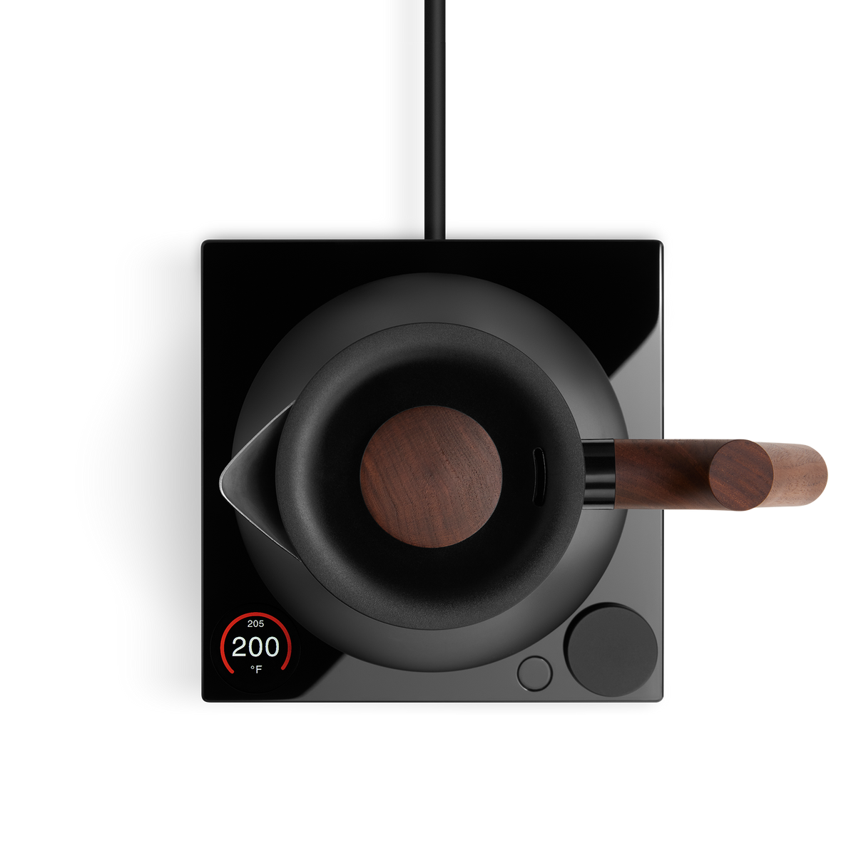 Top view of a black coffee kettle with wooden handle on a digital base displaying 200°F.