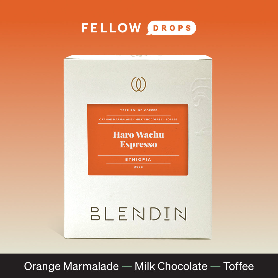 White coffee bag labeled Haro Wachu Espresso, a BlendIn Coffee Club single-origin delight.