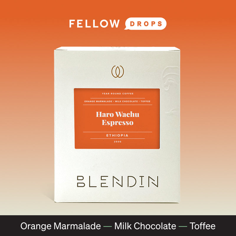 White coffee bag labeled Haro Wachu Espresso, a BlendIn Coffee Club single-origin delight.
