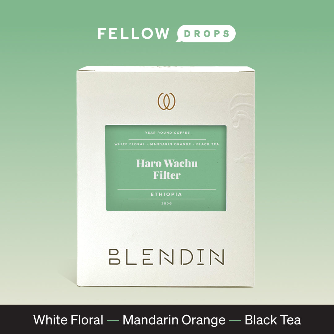 White box labeled BlendIn Coffee Club Haro Wachu Filter: light roast, white floral, orange, tea.