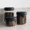 All sizes of Atmos Vacuum Canister in Clear Glass on a kitchen counter
