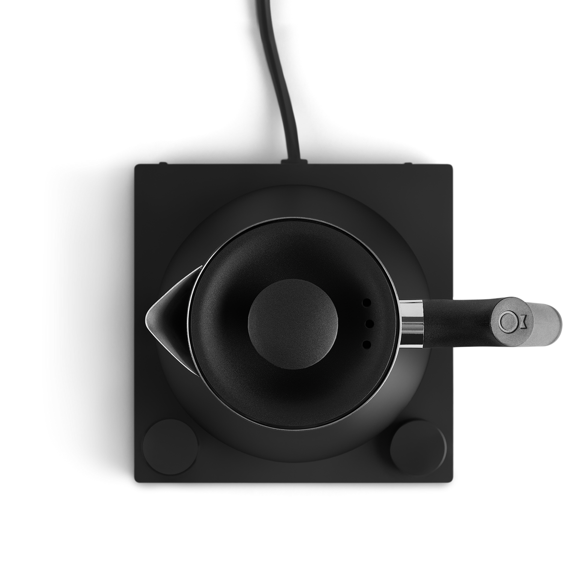 Top view of a black electric kettle with sleek design, perfect for any home barista setup.