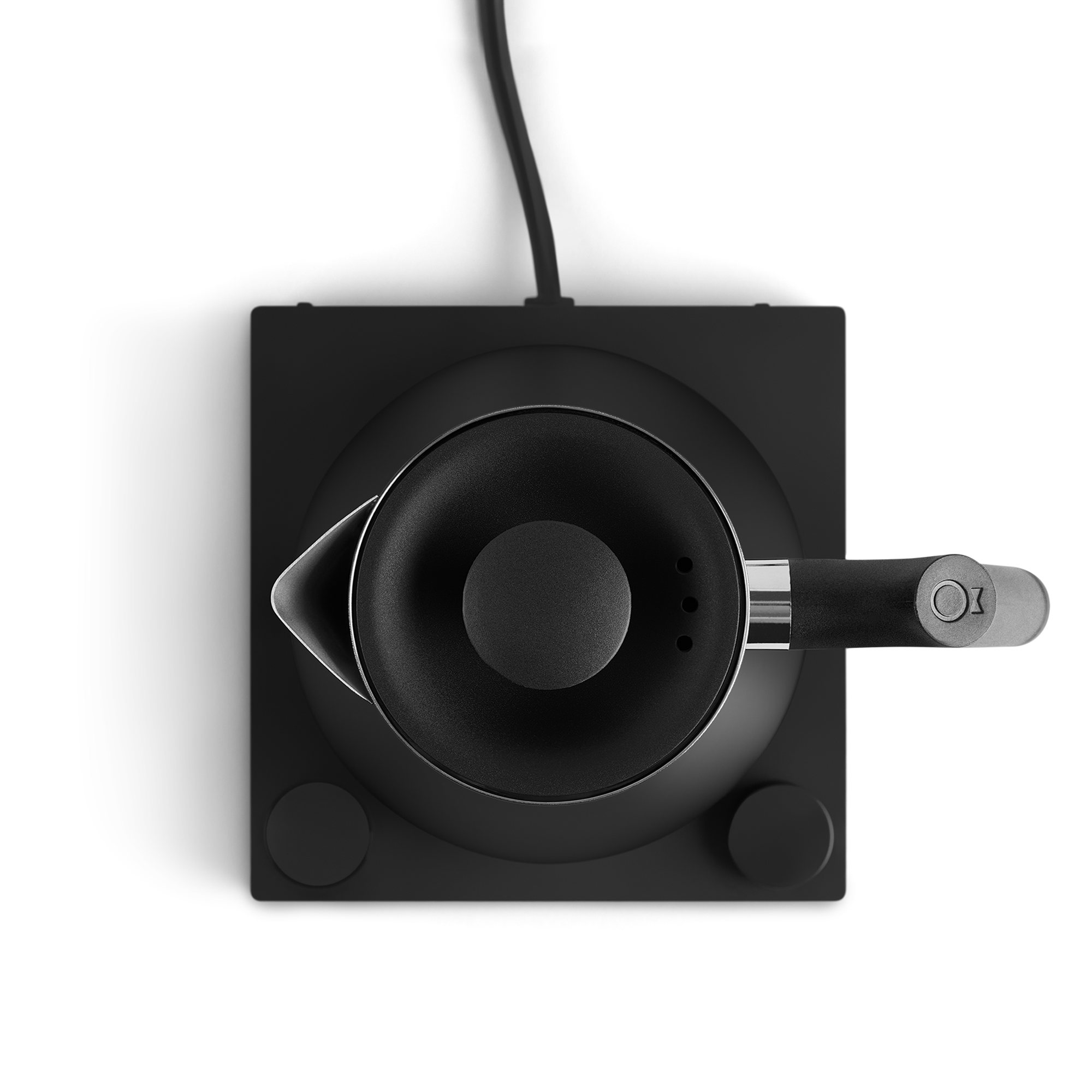 Top view of a black electric kettle with sleek design, perfect for any home barista setup.