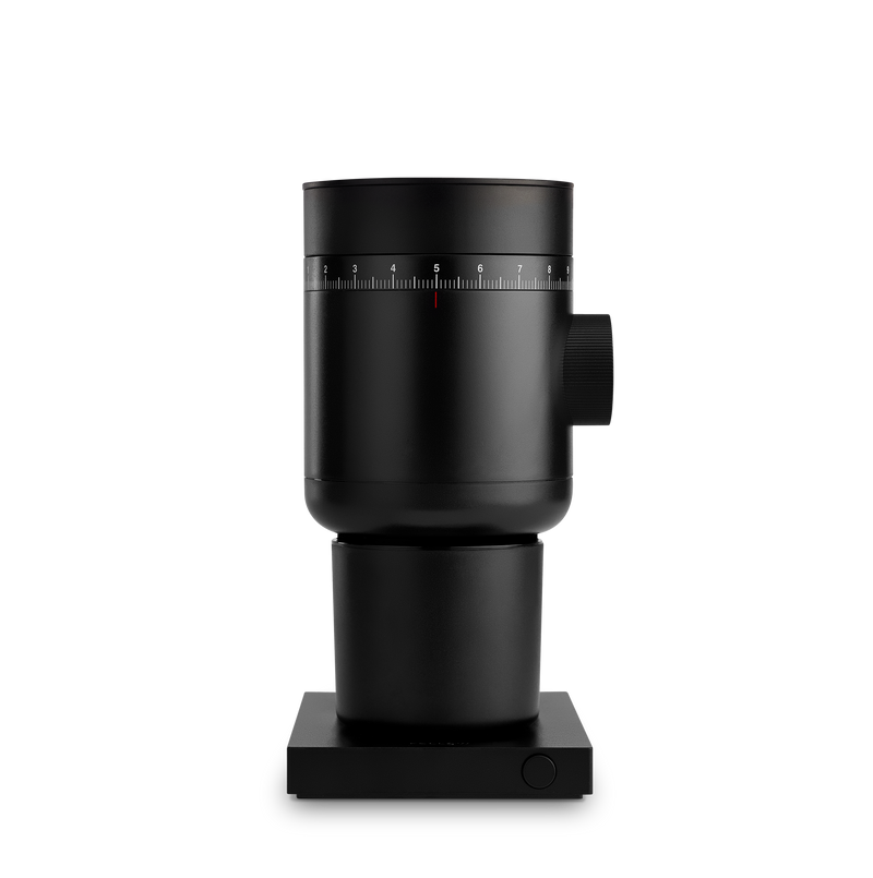 Fellow Opus 2 Conical Burr Grinder in matte black, shown on a square base.