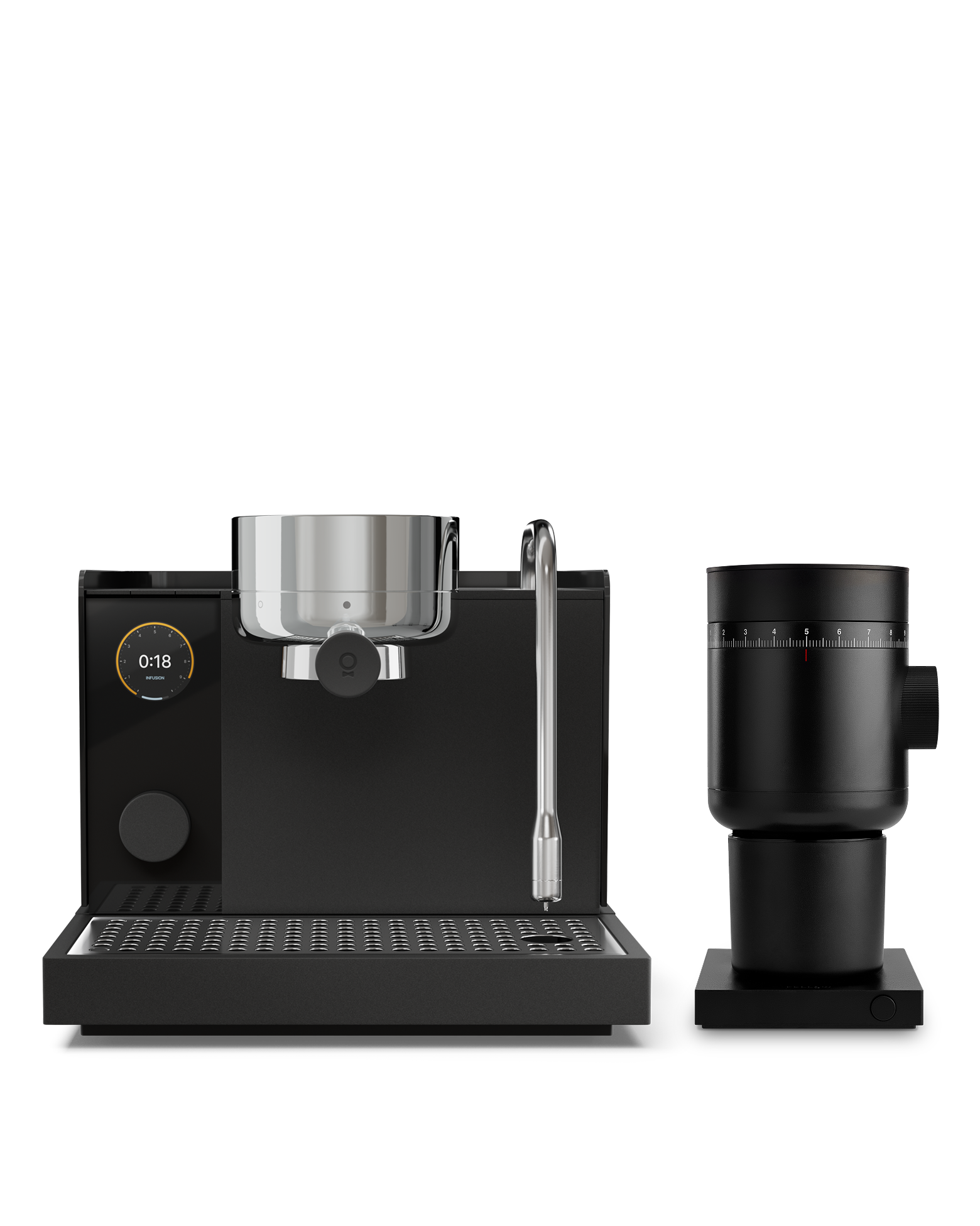 Fellow Series 1 + Grinder Kit: sleek black espresso machine & grinder on a white background.