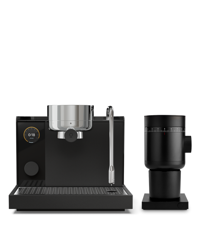 Fellow Series 1 + Grinder Kit: sleek black espresso machine & grinder on a white background.