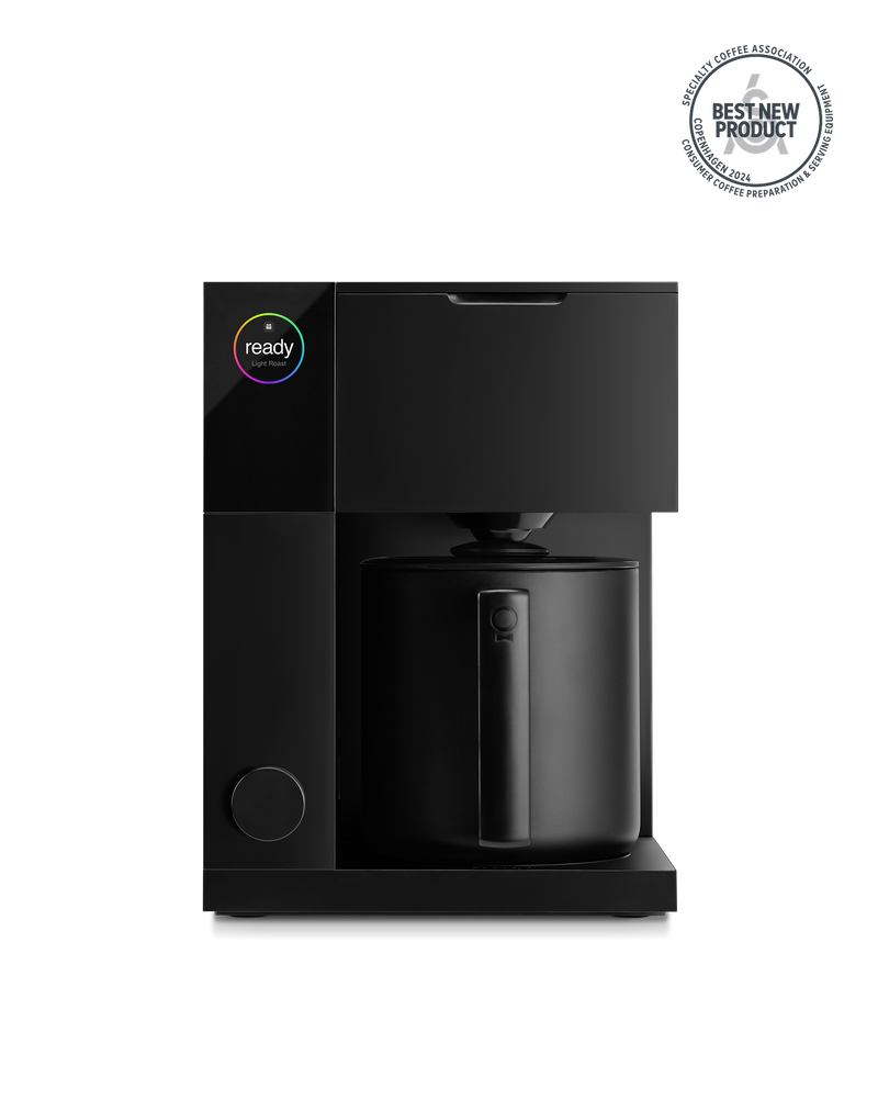 Fellow Aiden Precision Coffee Maker in matte black brews great coffee with digital display.