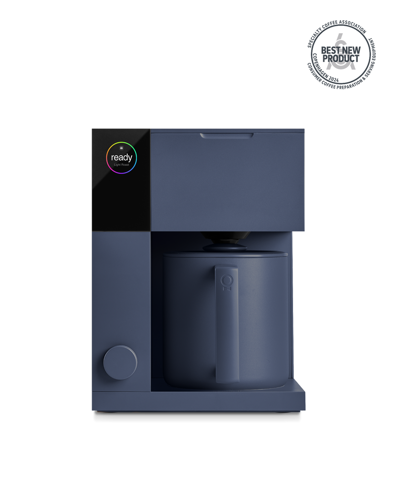 Fellow Aiden Precision Coffee Maker in Storm Blue with carafe, Brew Profile control, Best New badge.