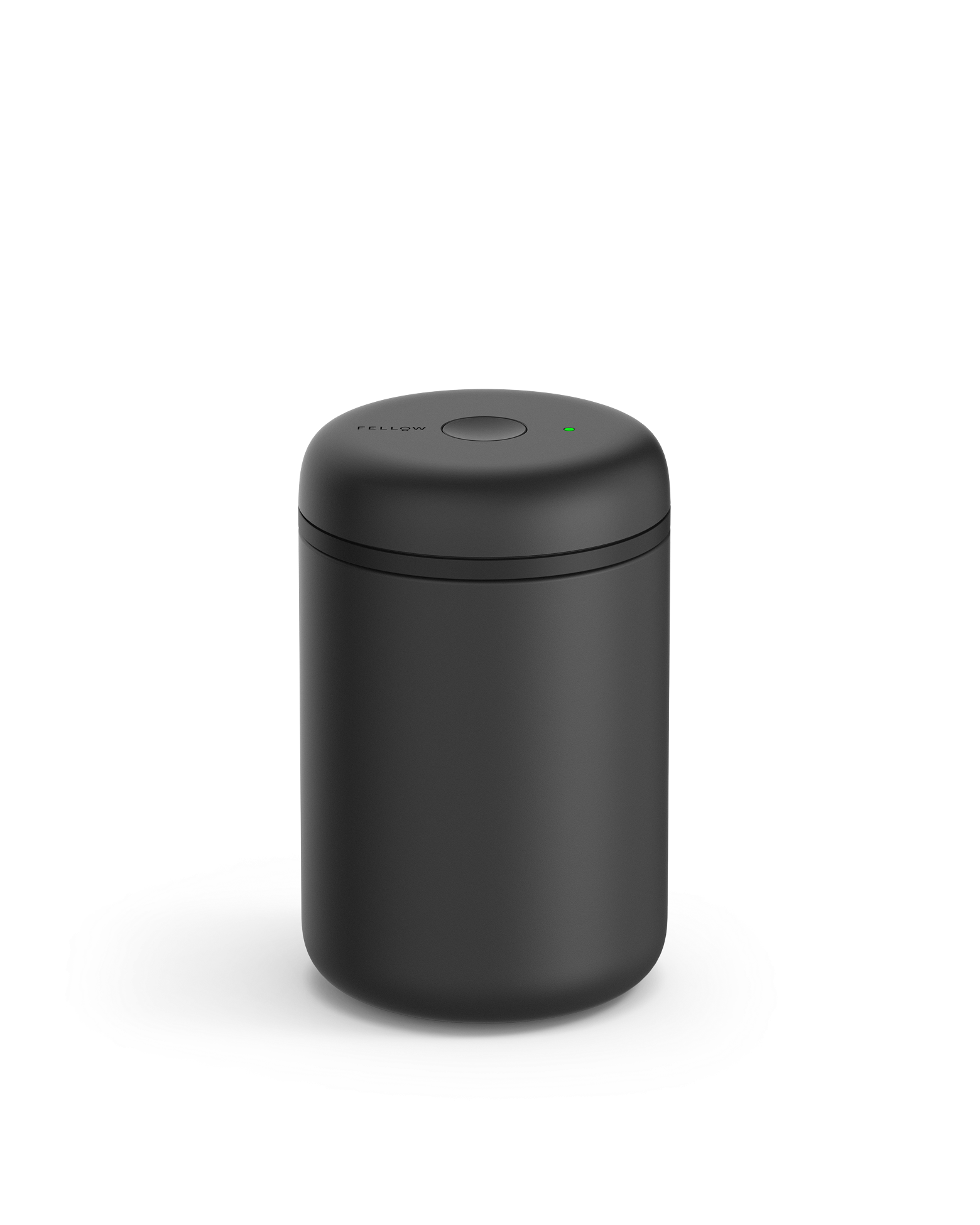 Fellow Atmos Vacuum Canister in matte black with a round lid and small top button.