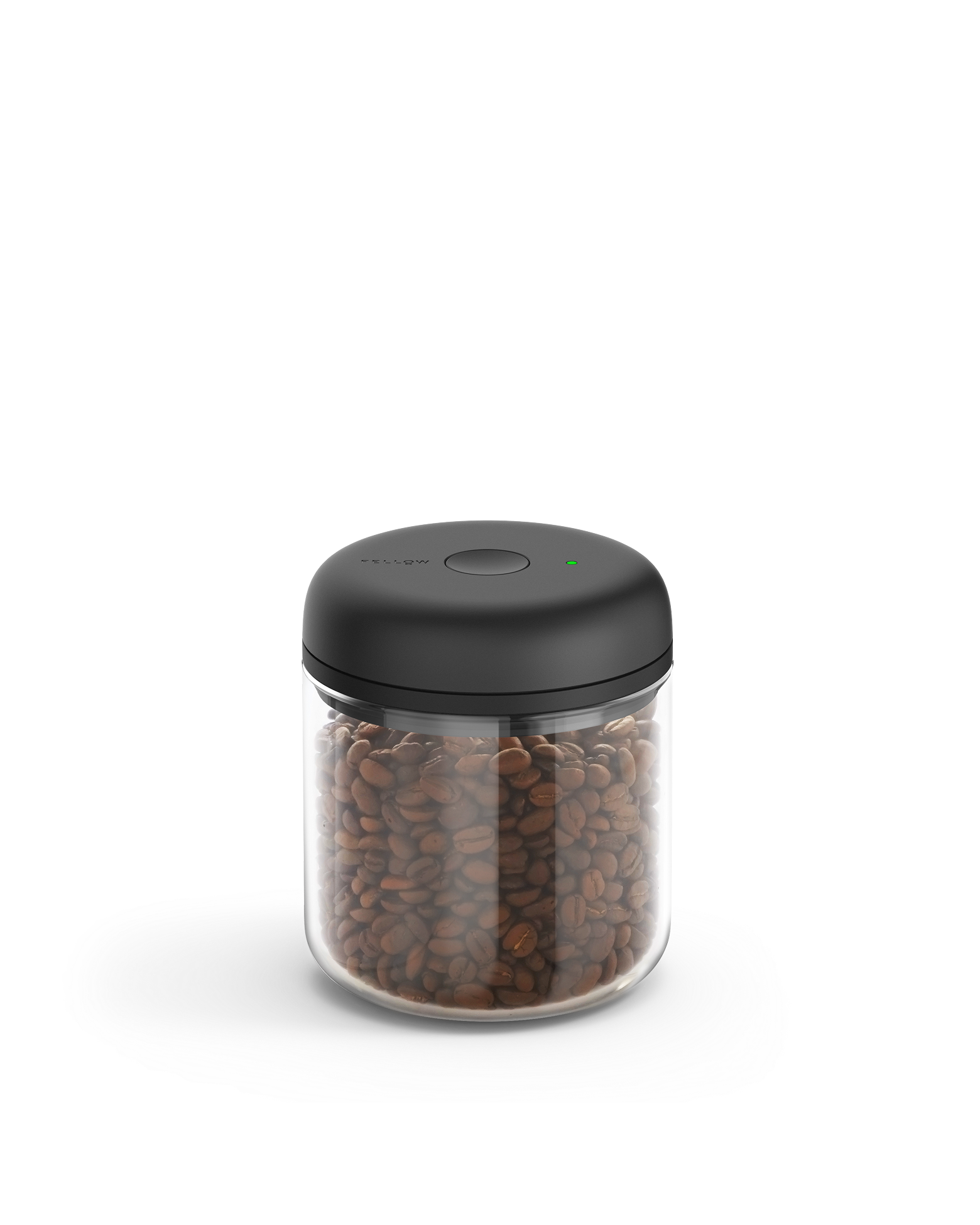 Fellow Atmos Vacuum Canister with black lid, storing coffee beans on a white background.