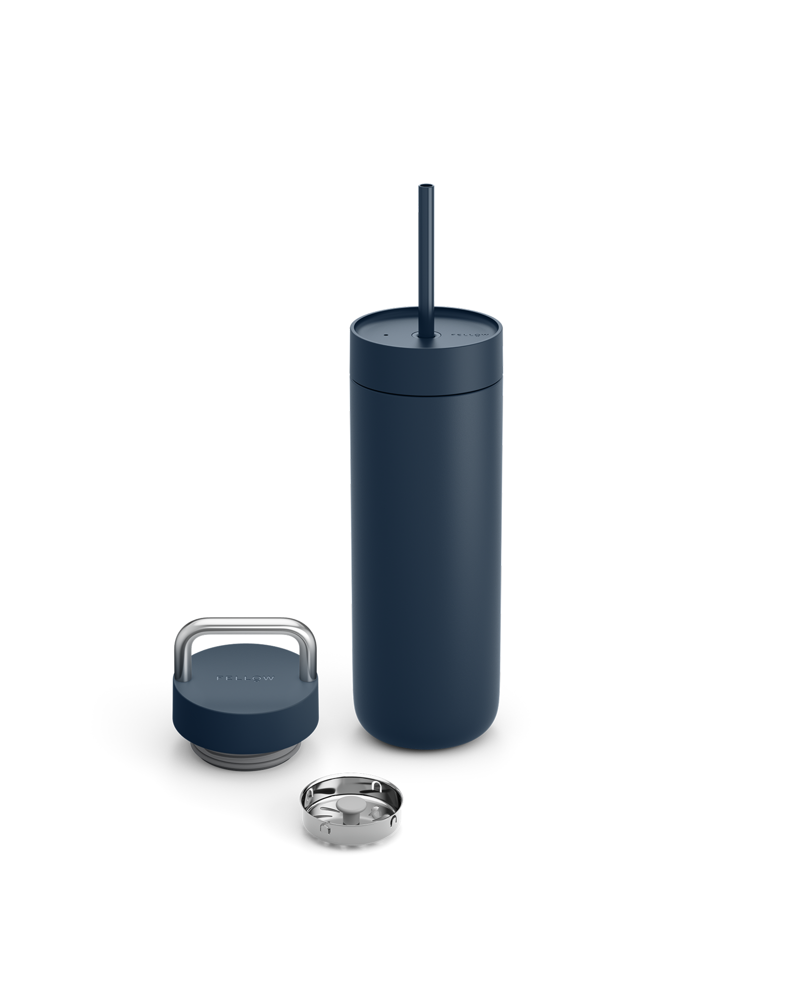Fellow Carter 2-in-1 Chill Set in Stone Blue, vacuum insulated with straw, lid, and metal cap.