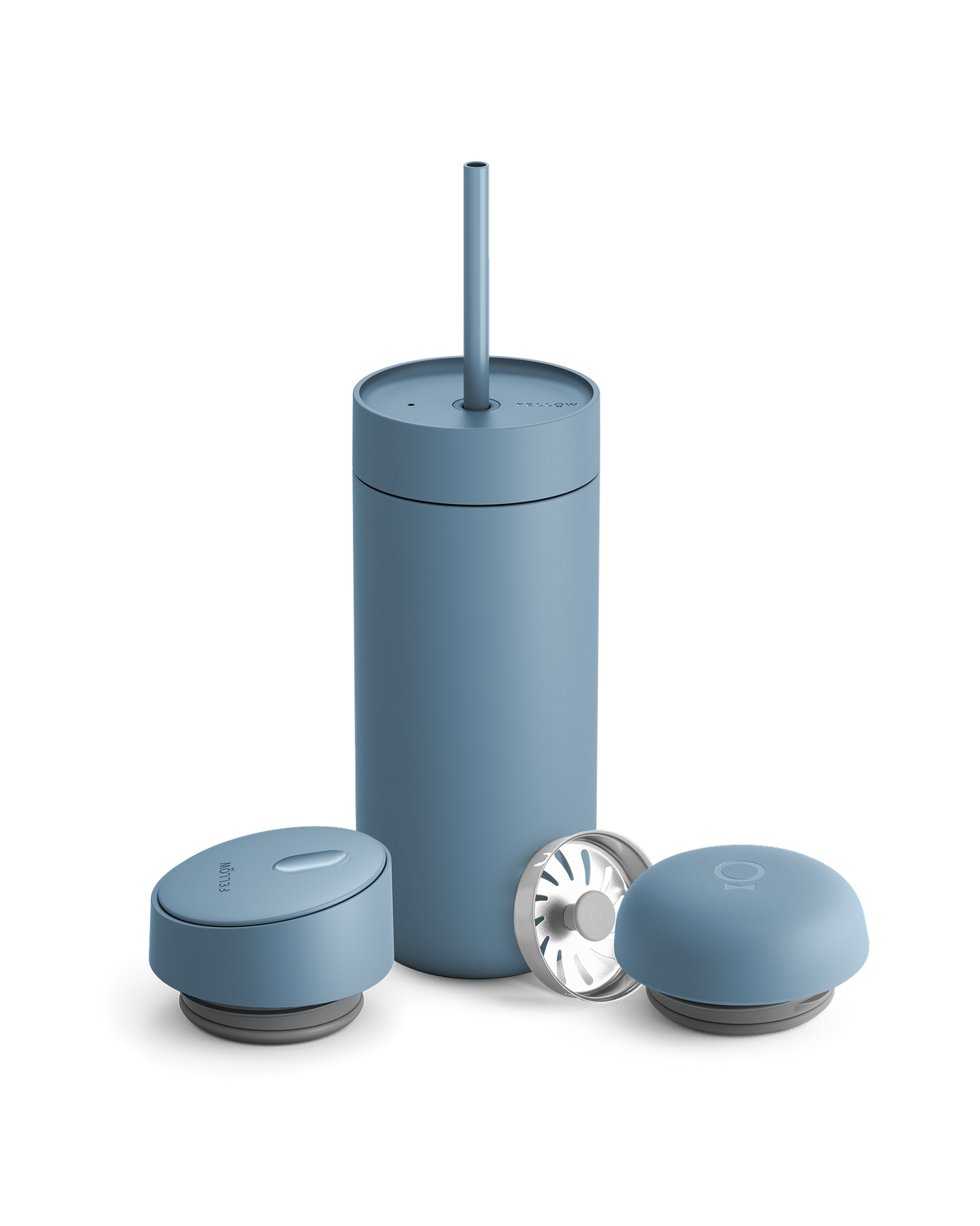 Giftable Fellow Carter 3-in-1 Lid System tumbler with straw and two containers, matte blue.