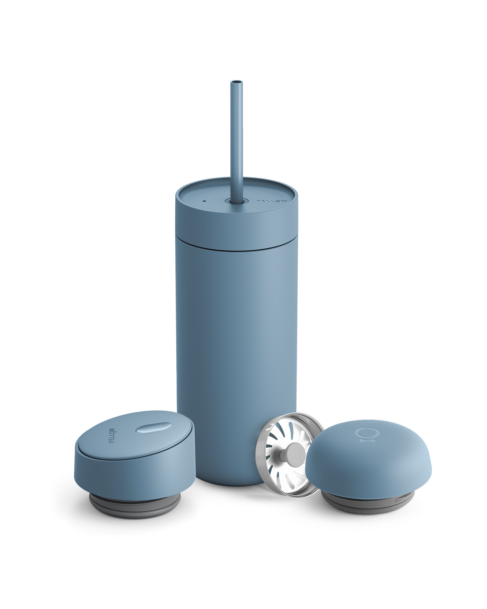 Giftable Fellow Carter 3-in-1 Lid System tumbler with straw and two containers, matte blue.