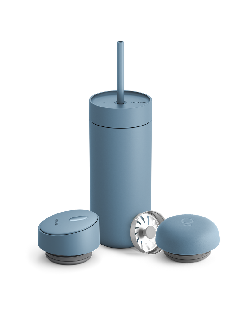Giftable Fellow Carter 3-in-1 Lid System tumbler with straw and two containers, matte blue.