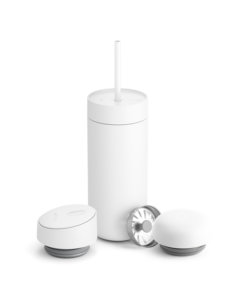 Minimalist white Fellow tumbler with 3-in-1 lid, perfect for coffee lovers and gifting.