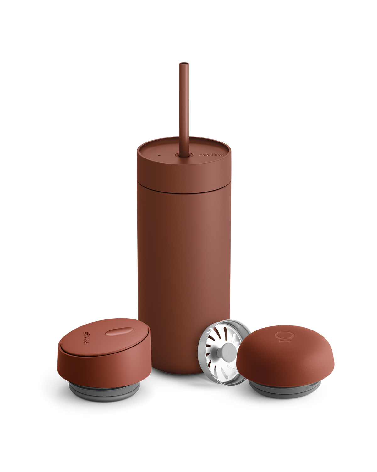 Fellow Carter 3-in-1 Lid System: matte brown tumbler & straw, set includes 2 round lids.