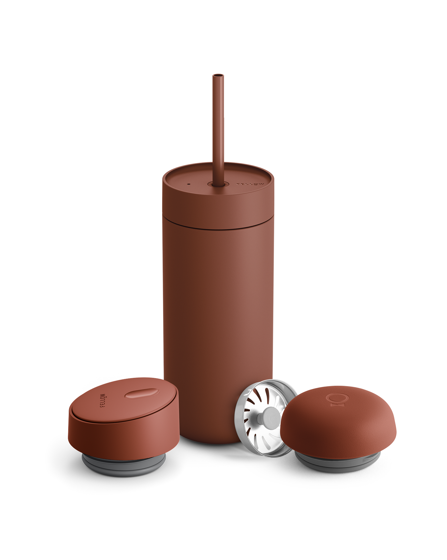 Fellow Carter 3-in-1 Lid System: matte brown tumbler & straw, set includes 2 round lids.