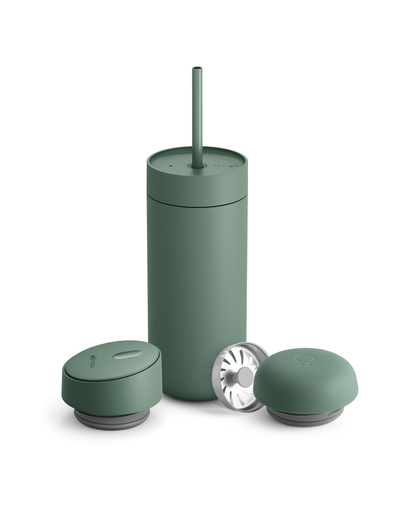 Fellow Carter 3-in-1 Lid System: matte green coffee mug with straw and two matching lids.