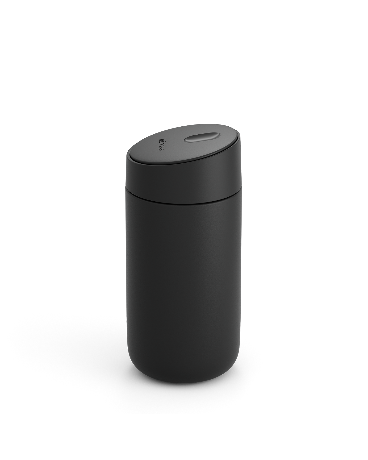 Fellow Carter Slide Mug—matte black, cylindrical, rounded lid, shown on white background.