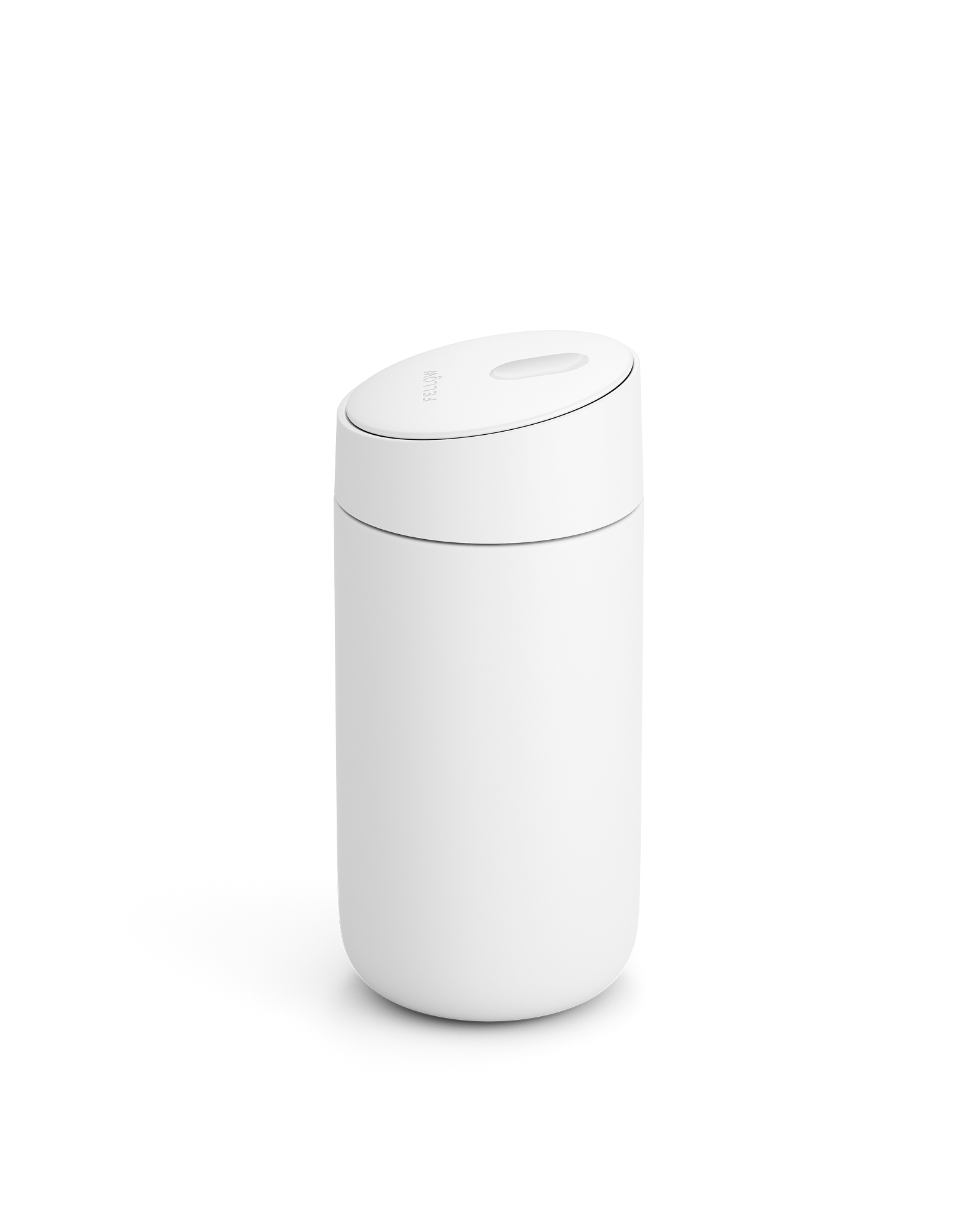 The Fellow Carter Slide Mug is a minimalist white cylinder with a rounded, slightly tilted lid.