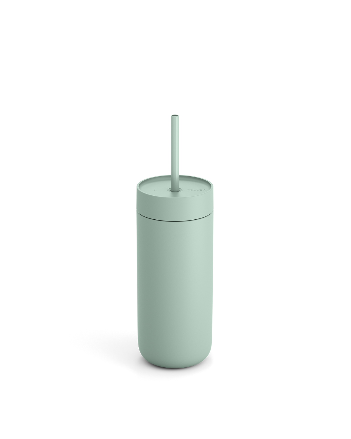The Fellow Carter Cold Tumbler is a light green reusable cup with a lid and straw.