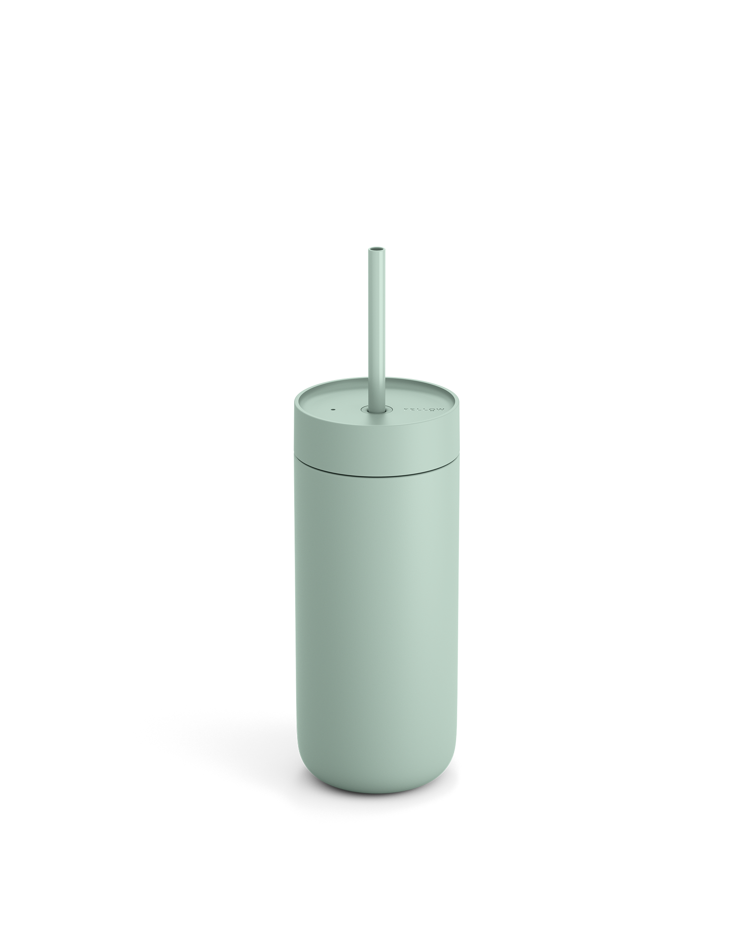 The Fellow Carter Cold Tumbler is a light green reusable cup with a lid and straw.