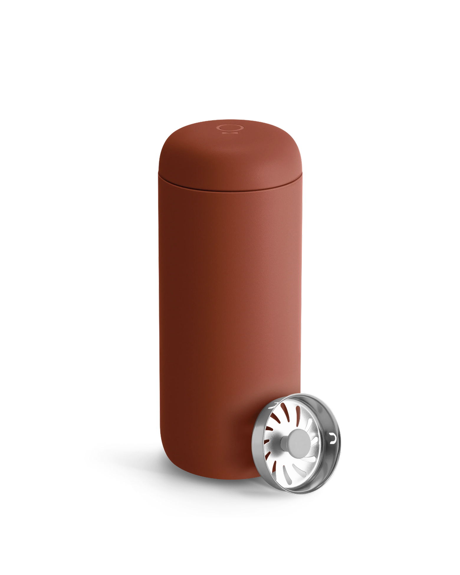 Fellow Carter Move Mug in matte reddish-brown with included metal infuser beside it.