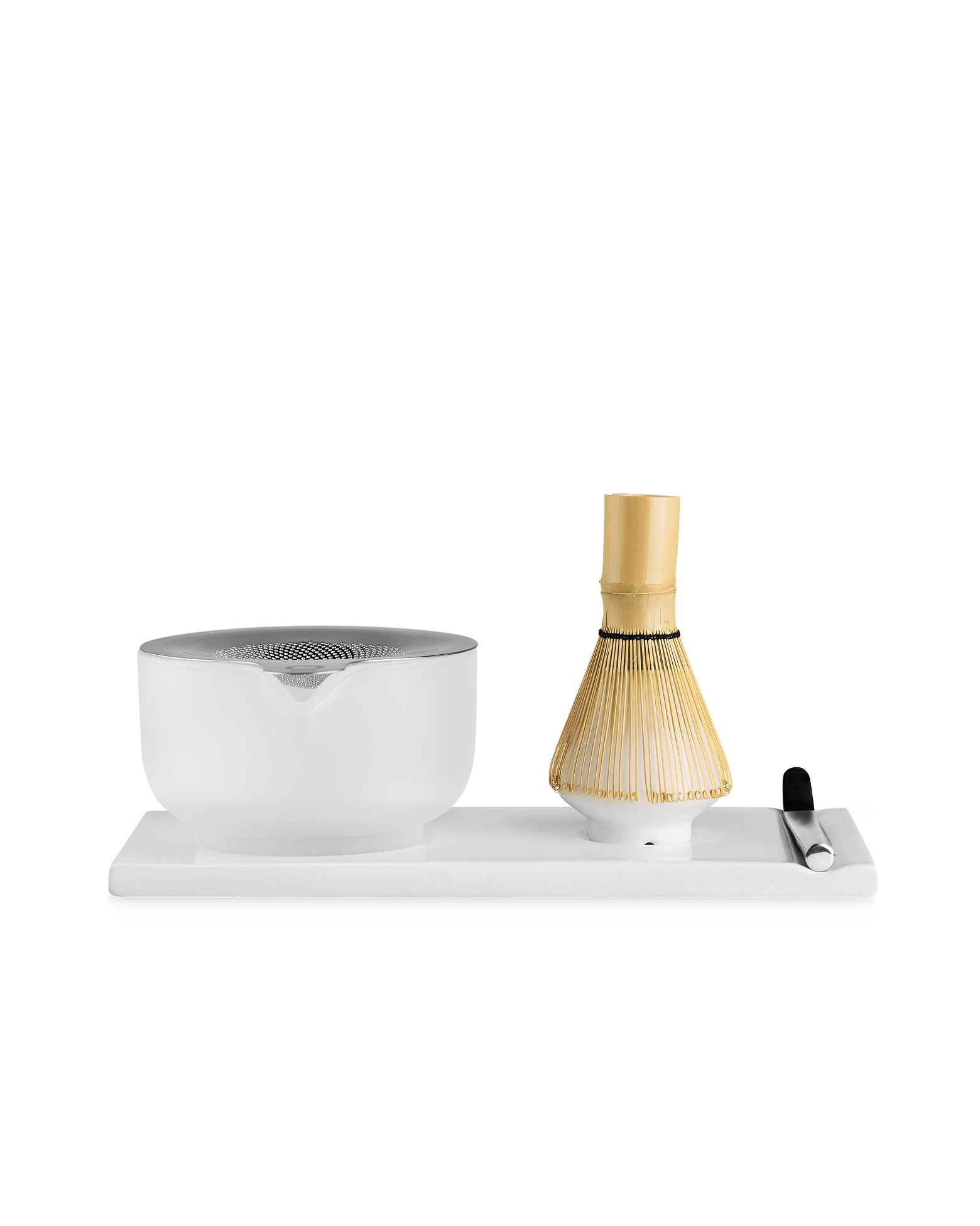 Fellow Matcha Set in Matte White with handmade bowl, bamboo whisk, scoop, and tray.