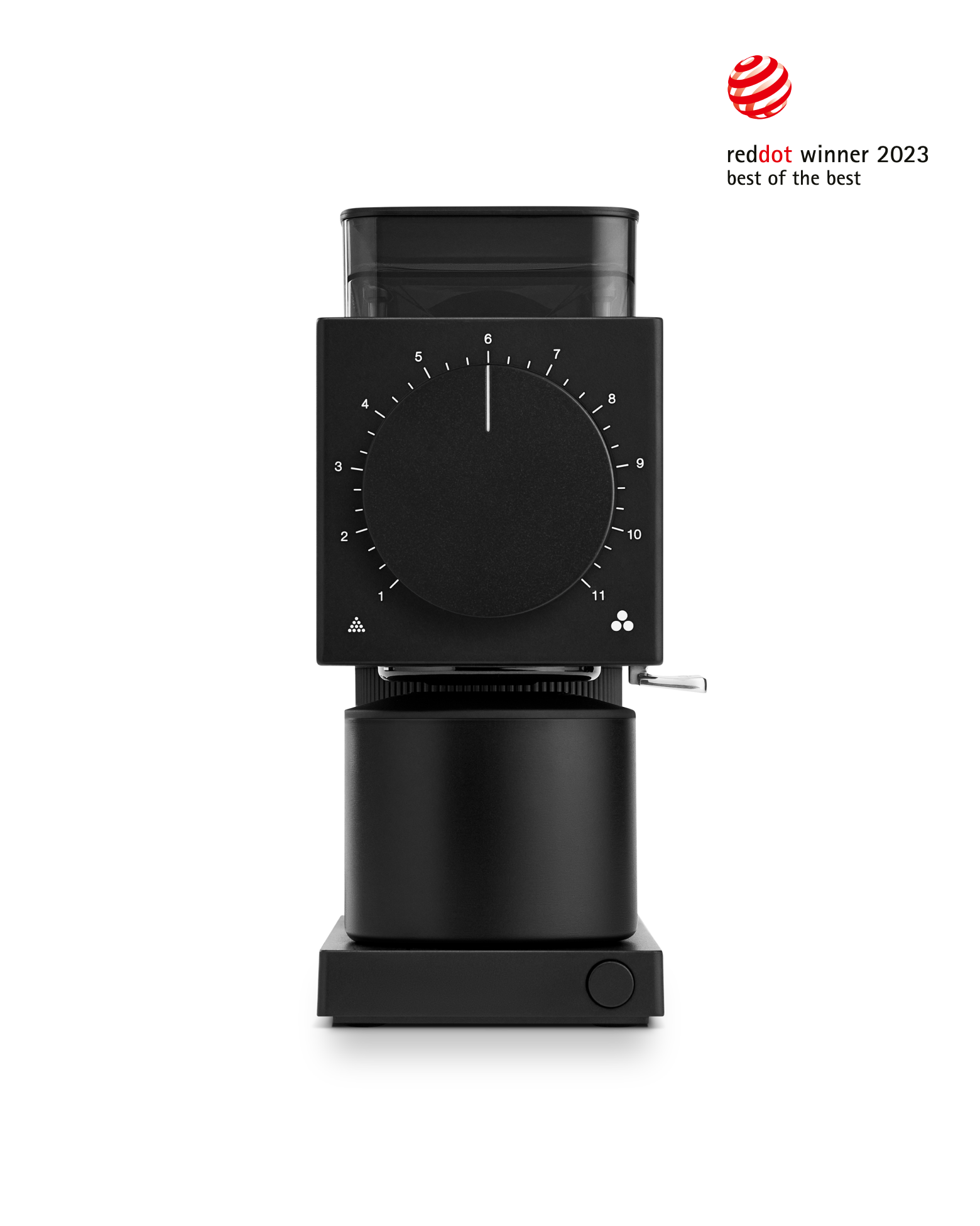 Fellow Ode Brew Grinder Gen 2 in matte black, with large dial and anti-static tech, Red Dot 2023.