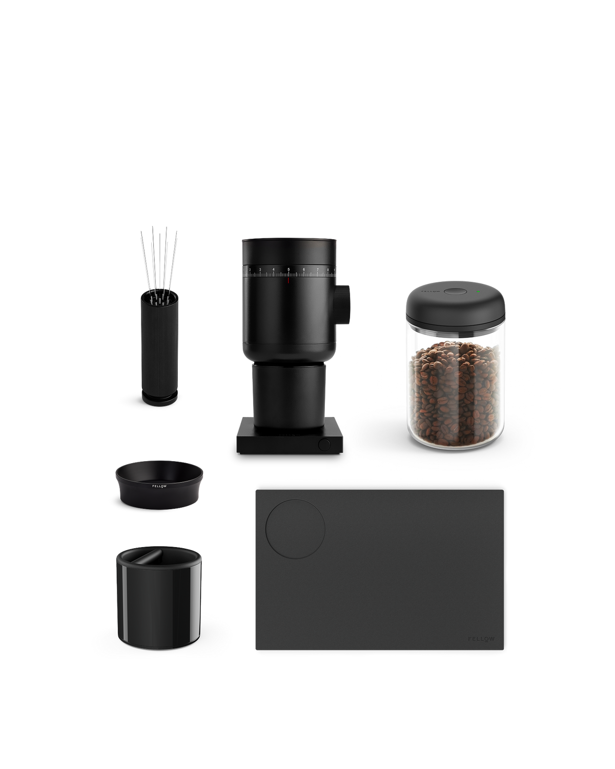 Fellow Opus 2 + Espresso Kit with accessories and beans arranged on a white background.